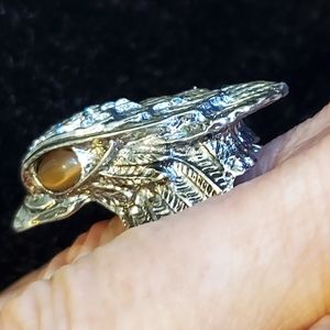 Silvertone eagle head stretch ring with tiger eye eyes rhinestone accents